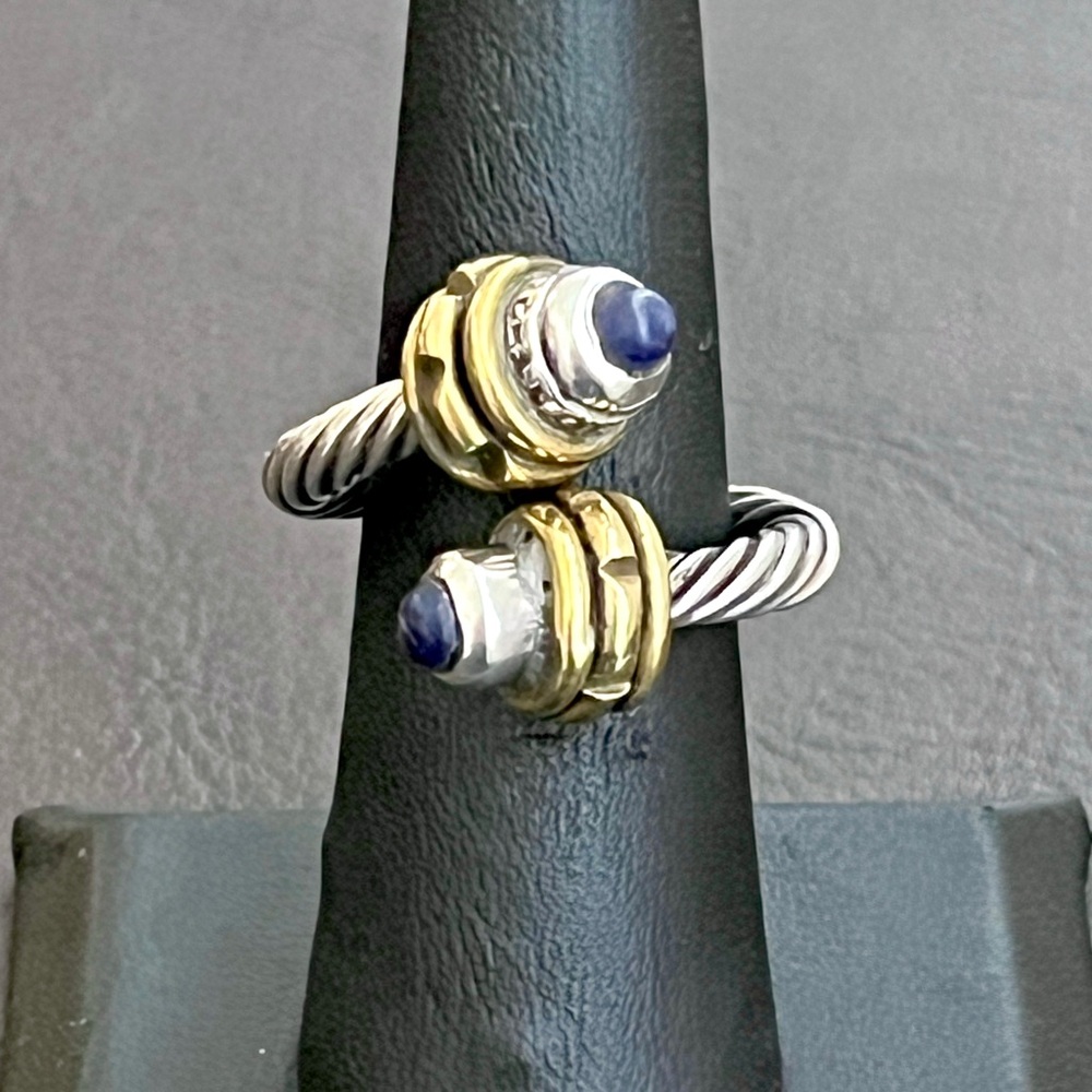 Vintage Taxco Mexico sterling silver brass and lapis cable bypass ring